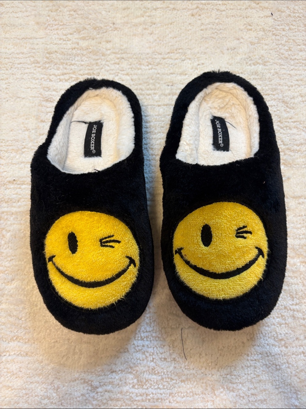 Joe Boxer Black Slippers with Yellow Winking Smile